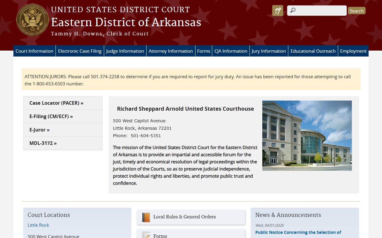 U.S. District Court Eastern District of Arkansas website