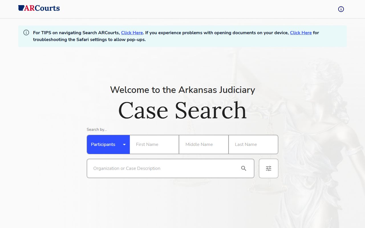 Arkansas CourtConnect statewide case search portal showing circuit court records
