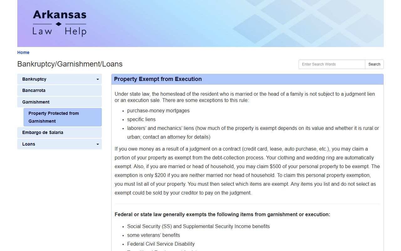 Arkansas Legal Aid guide on property protected from garnishment and debt collection