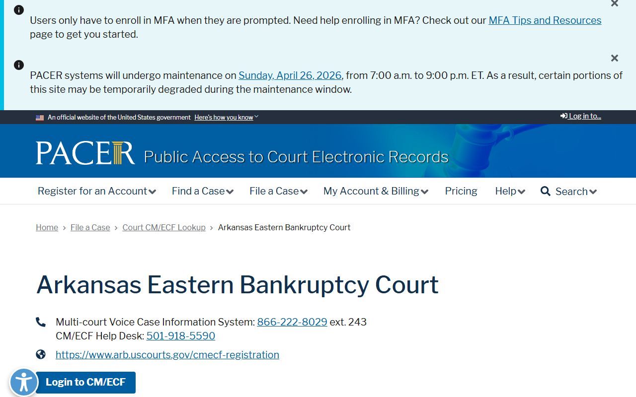 PACER court CM/ECF lookup page for Arkansas Eastern Bankruptcy Court