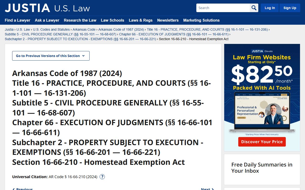 Arkansas Code Section 16-66-210 homestead exemption statute on Justia legal database