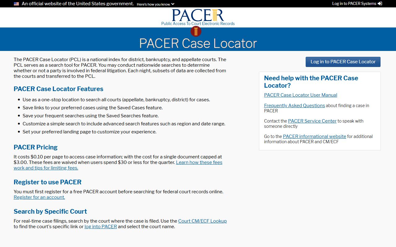 PACER Case Locator national index for searching federal bankruptcy court records